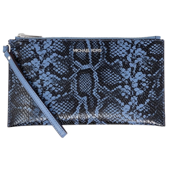 Michael Kors Women's Jet Set Travel Large Top Zip Snake Embossed Leather Wristlet Pouch (Denim)
