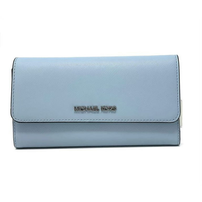 Michael Kors Women's Jet Set Travel Large Trifold Wallet (Pale Blue) Crossgrain  Leather 