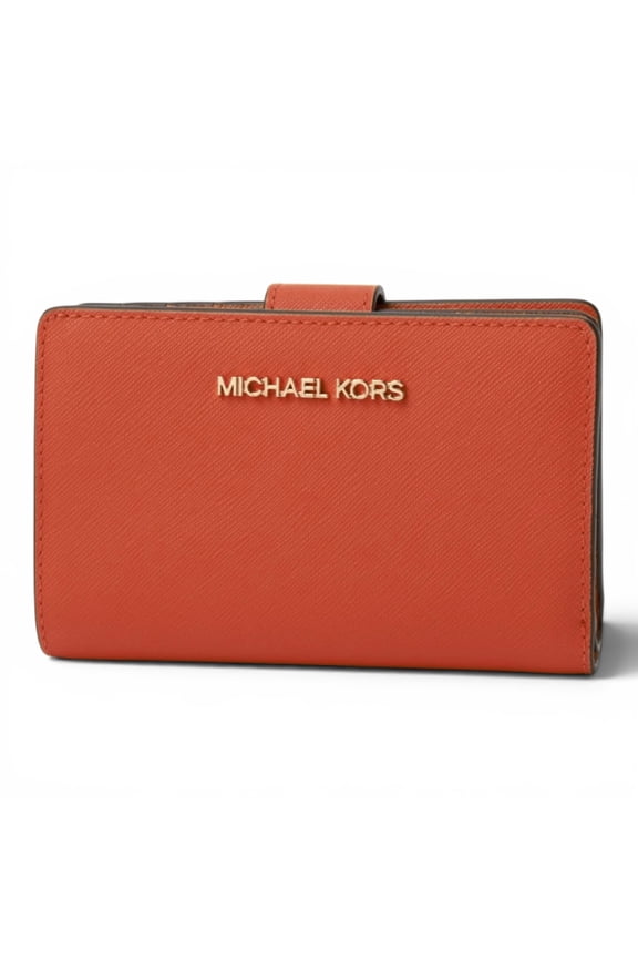 Womens Jet Set Travel Saffiano Leather Medium Bifold Zip Coin Wallet (Red Clay)