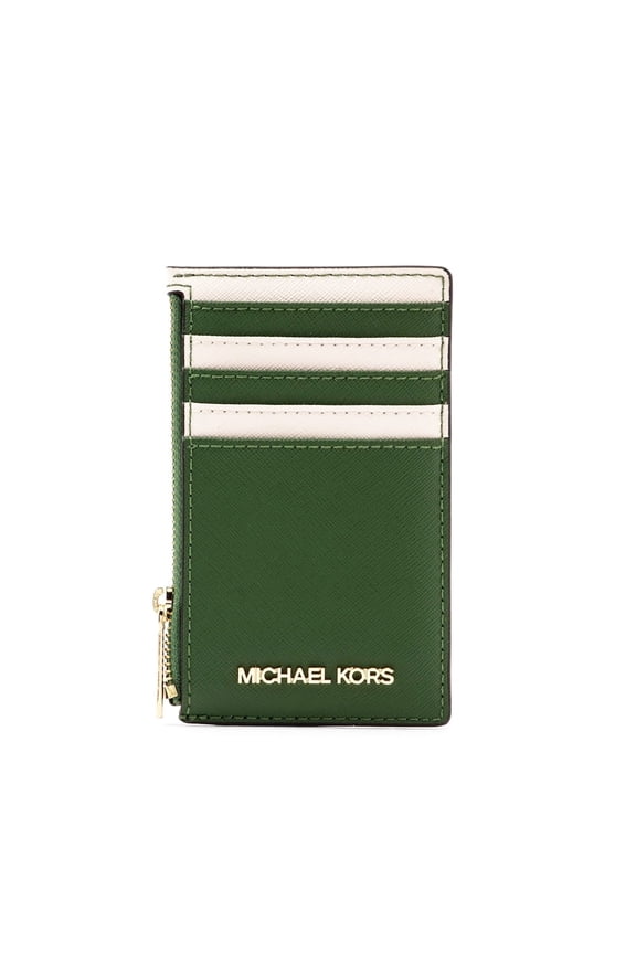 Women's Jet Set Travel Two-Tone Medium Leather Top Zip Card Case (Fern Green)