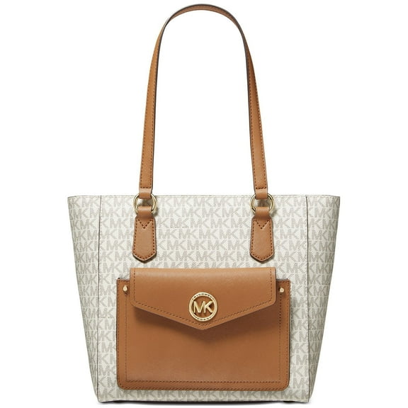Michael Kors Women's Joey Logo Print Canvas Small Pocket Tote (Vanilla / Acorn)