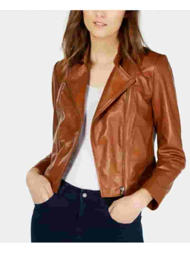 ジャケット MICHAEL KORS Women Jackets MR5100CGQ0 110 Brown Michael Kors Women's Leather Moto Jacket – Luggage, P