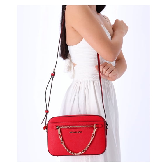 Michael Kors Women's Leather Solid Print Zipper Crossbody Bag, Bright Red
