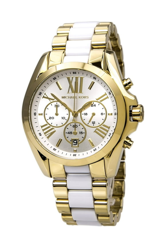 Women's MK5743 Bradshaw White Dial Two Tone Gold Plated Steel Bracelet Chronograph Watch