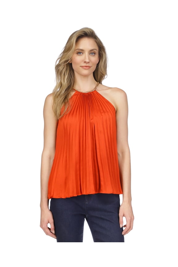 Womens Pleated Chain Sleeveless Top  Bright Terracotta, Large