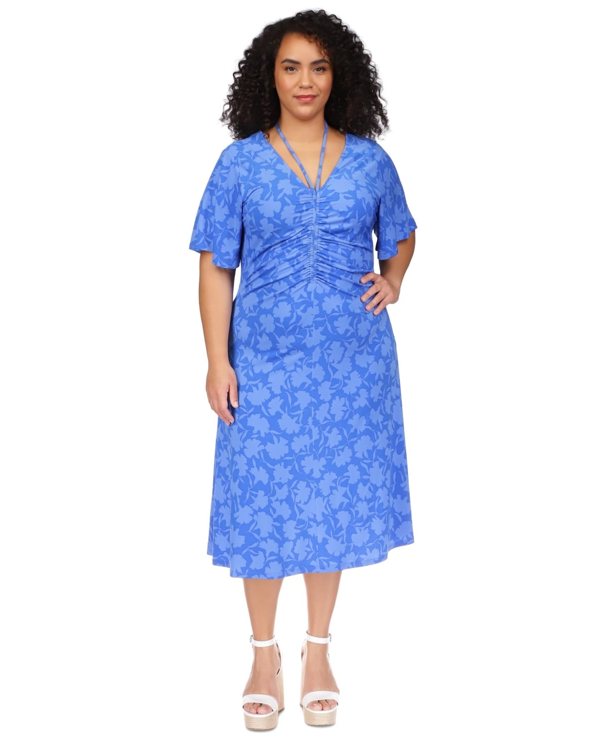 Michael Kors Women's Plus Floral-Print V-Neck Ruched Midi Dress, Grecian  Blue 2X - Walmart Business Supplies
