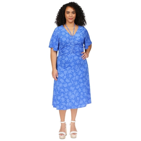 Michael Kors Women's Plus Floral-Print V-Neck Ruched Midi Dress, Grecian Blue 2X