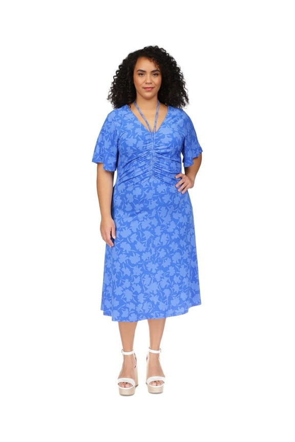 Women's Plus Floral-Print V-Neck Ruched Midi Dress, Grecian Blue 2X