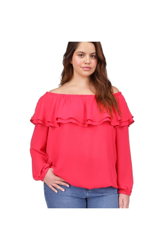 Womens Ruffle Pullover Blouse, Pink, Plus Size, 3X