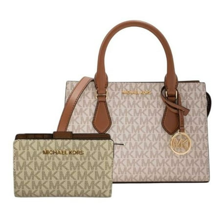 Michael Kors Women's Sheila Small Faux Saffiano Leather Satchel With Bifold Wallet Zip Coin Case, Vanilla
