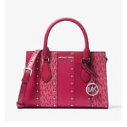 Michael Kors Womens Sheila Small Studded Patchwork and Signature Logo Satchel Dark Raspberry 35T5S6HS5B-984