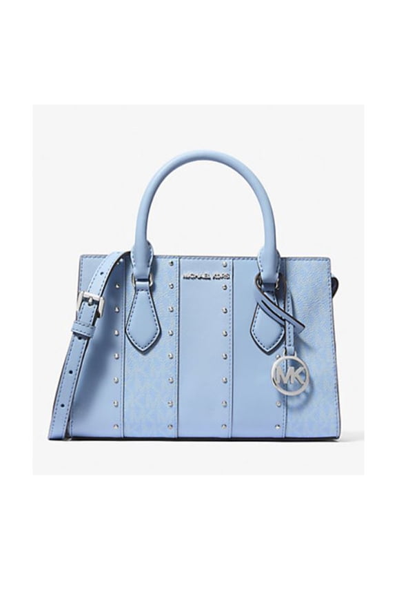 Women's Sheila Small Studded Patchwork and Signature Logo Satchel (Light Sky Multi) 35T5S6HS5B-Sky
