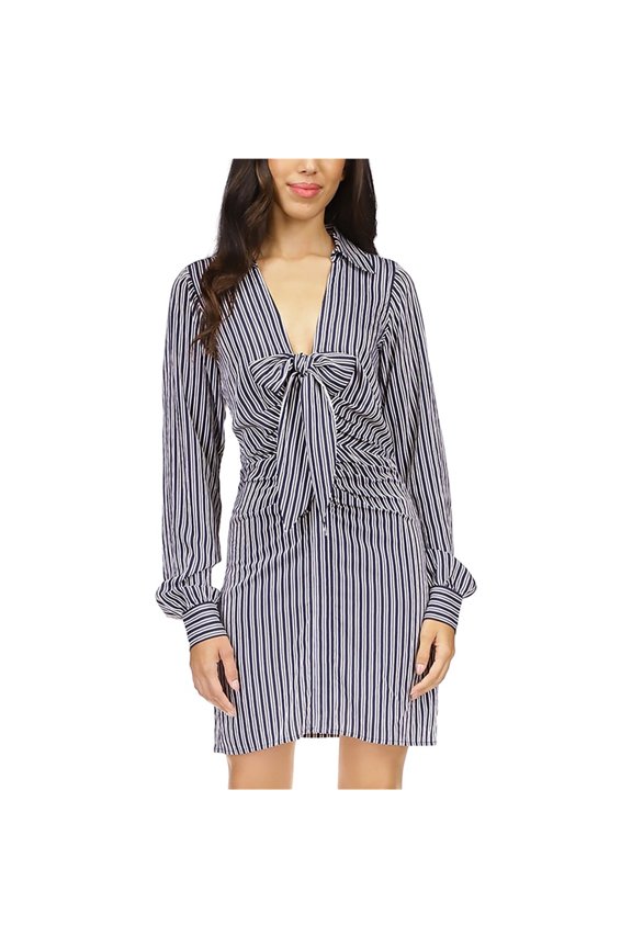 Womens Striped Long Sleeve Shirt Dress, White, 2