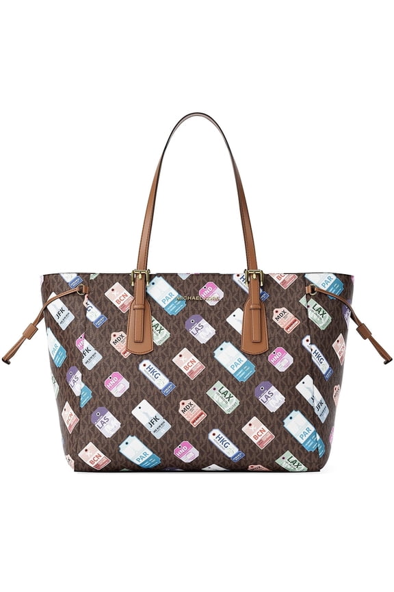 Women's Voyager Large Printed Signature Logo Tote Bag (Brown Multi)