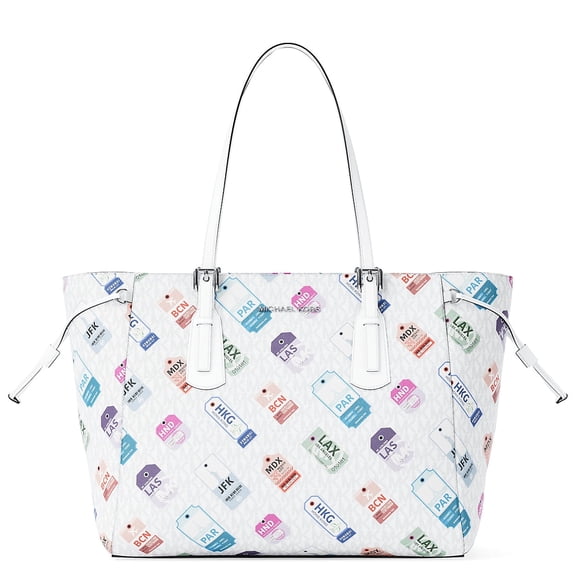 Michael Kors Women's Voyager Large Printed Signature Logo Tote Bag (Optic White / Multi)