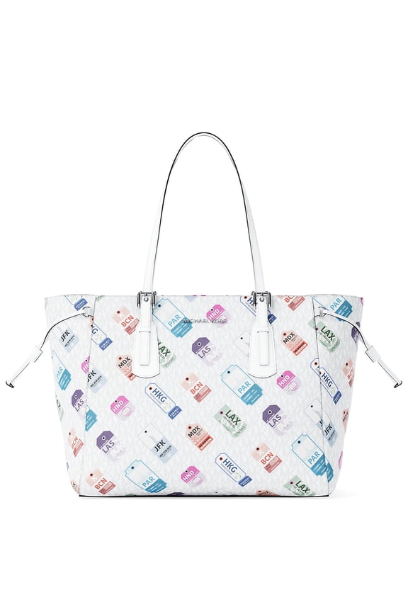 Women's Voyager Large Printed Signature Logo Tote Bag (Optic White / Multi)