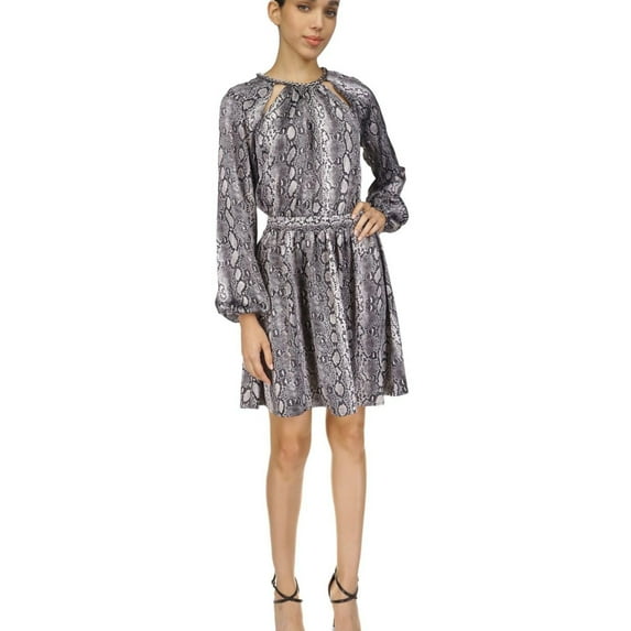 Michael Kors Womens Snakeskin Printed Chain Neck Cocktail Dress, Grey, Medium