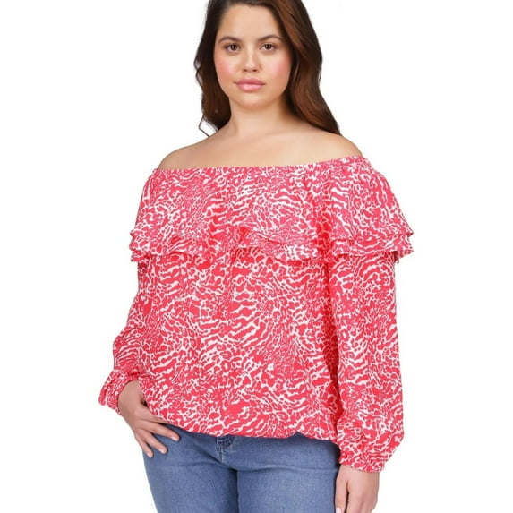 Michael Kors Womens Animal Print Off the Shoulder Blouse, White, Plus Size, 3X