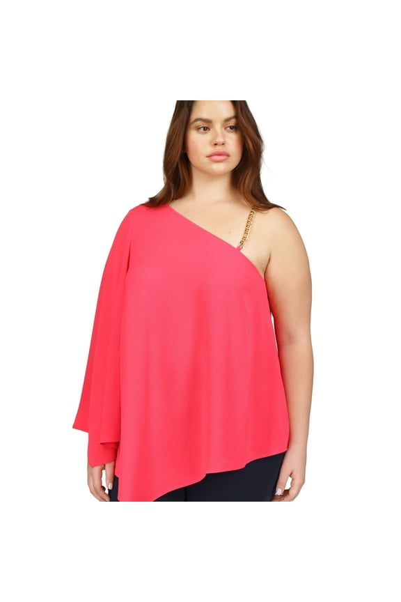 Womens Asymmetric Chain Strap One Shoulder Blouse, Pink, Plus Size, 1X
