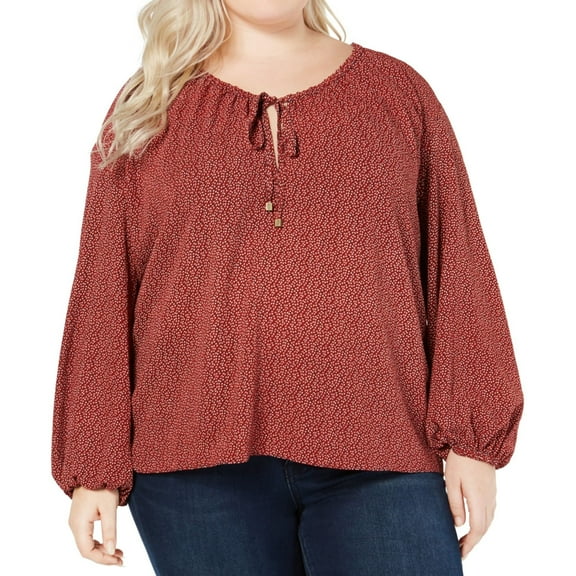 Michael Kors Womens Bishop-Sleeve Peasant Blouse, Red, Plus Size, 0X