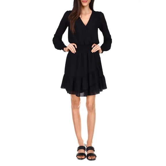 Michael Kors Womens Black Solid Smocked Ruffle Hem Long Sleeve Dress Sz XS $140