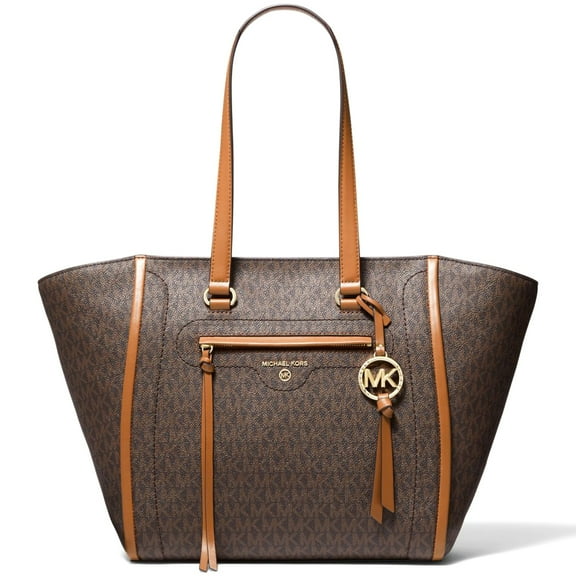 Michael Kors Womens Carine Leather Signature Tote Handbag Brown Medium