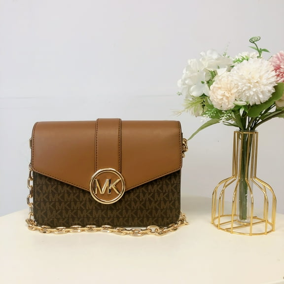 Michael Kors Womens Carmen Small Brown Signature PVC Leather Flap Crossbody Handbag 35S2GNML2B-847