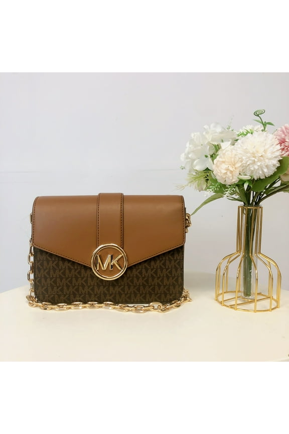 Womens Carmen Small Brown Signature PVC Leather Flap Crossbody Handbag 35S2GNML2B-847