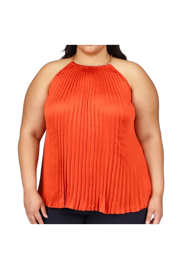 Womens Chain Neck Halter Blouse Top, Orange, Plus Size, 2X