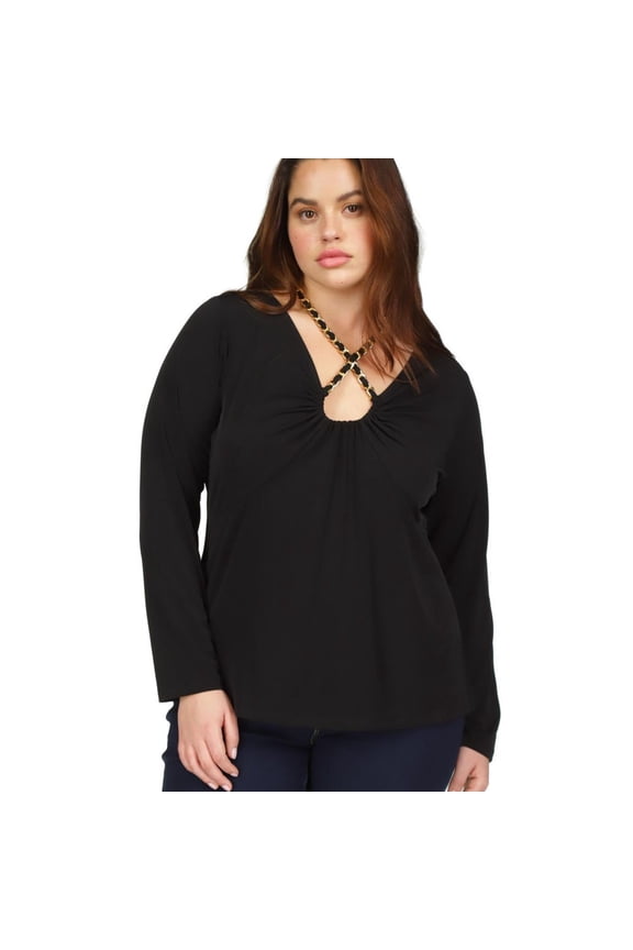 Womens Chain Neck Pullover Blouse, Black, Plus Size, 2X