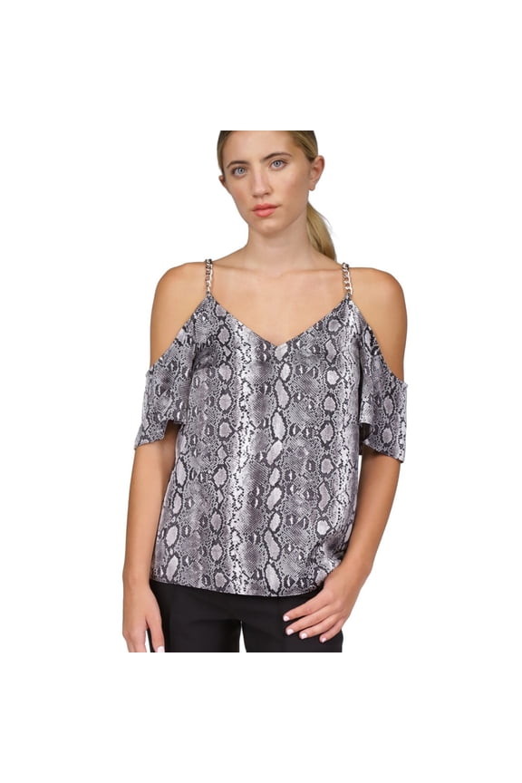 Womens Chain Straps Cold Shoulder Blouse, White, Small