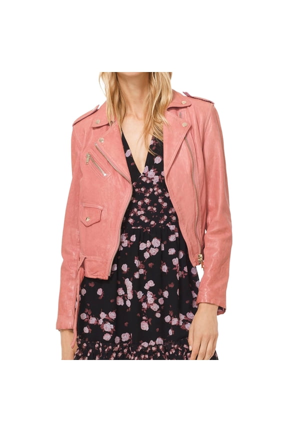Womens Classic Moto Motorcycle Jacket, Pink, X-Small