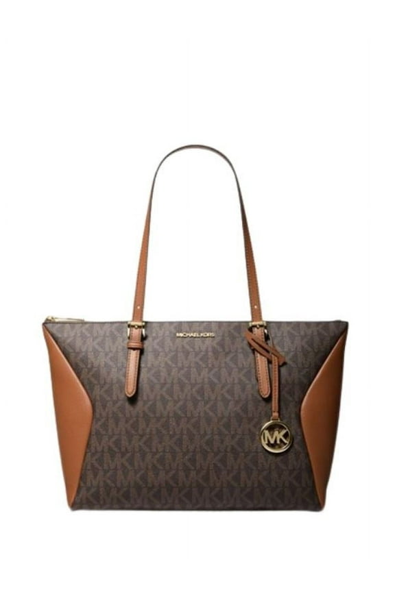 Womens Coraline Large Logo and Leather Tote Bag (BROWN) MK Signature