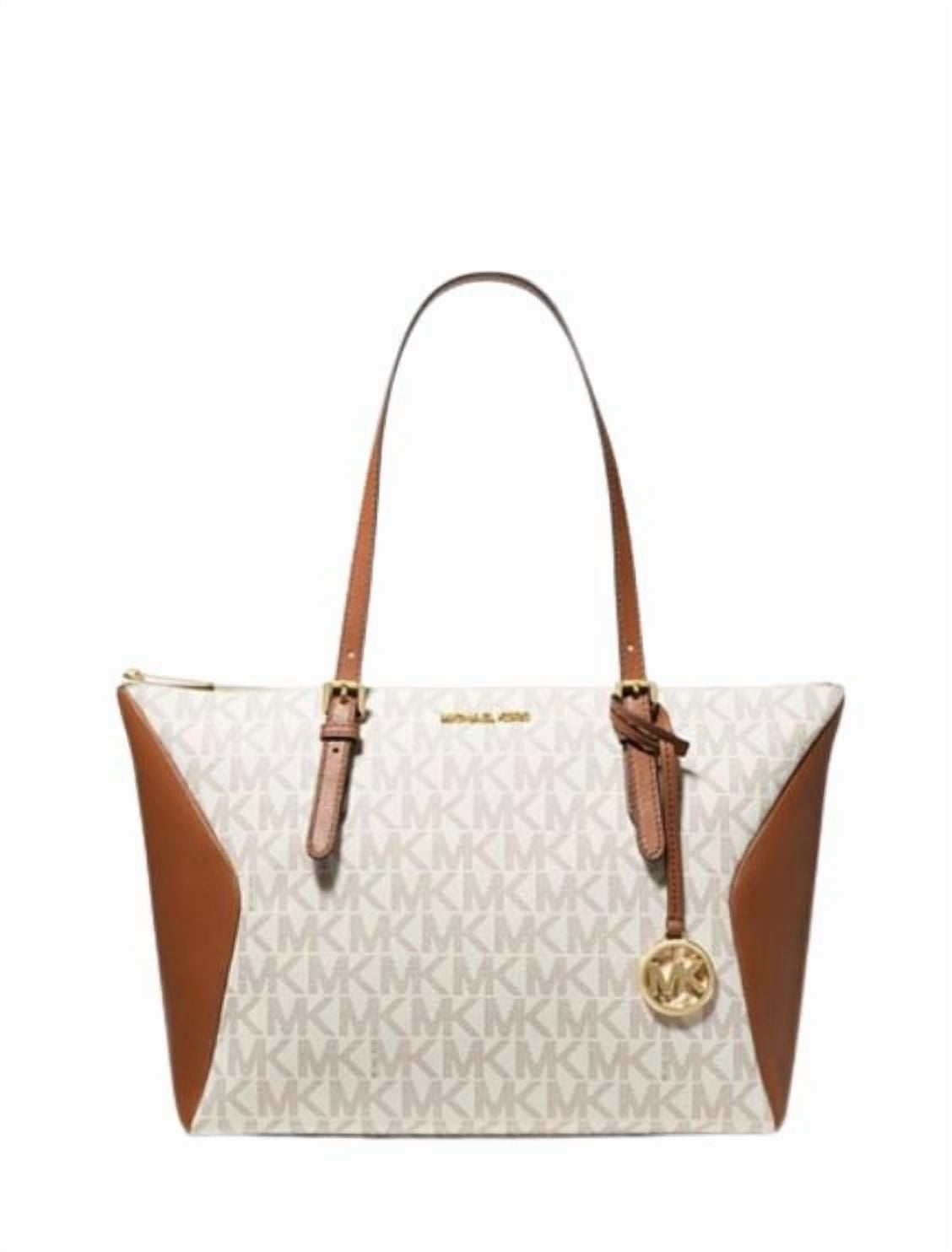 MICHAEL KORS Womens Coraline Large Logo and Leather Tote Bag (Vanilla) MK Signature
