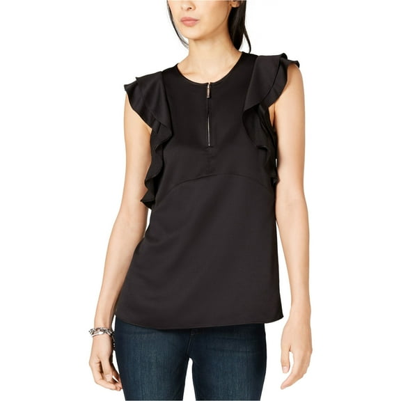 Michael Kors Womens Double Sleeve Ruffled Blouse, Black, XX-Small