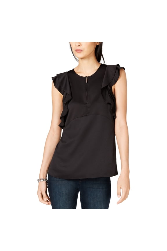 Womens Double Sleeve Ruffled Blouse, Black, XX-Small