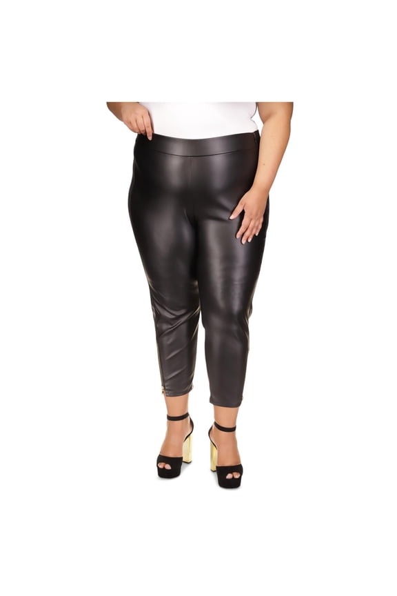 Womens Faux Leather Skinny Casual Leggings, Black, Plus Size, 2X