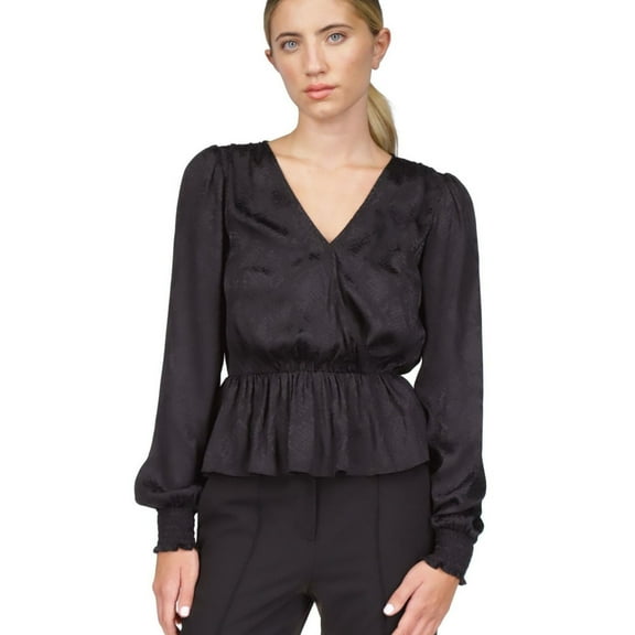 Michael Kors Womens Faux Wrap Peplum Blouse, Black, X-Large