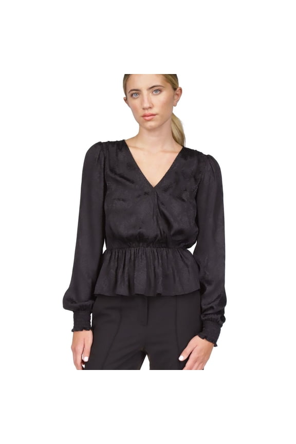 Womens Faux Wrap Peplum Blouse, Black, X-Large