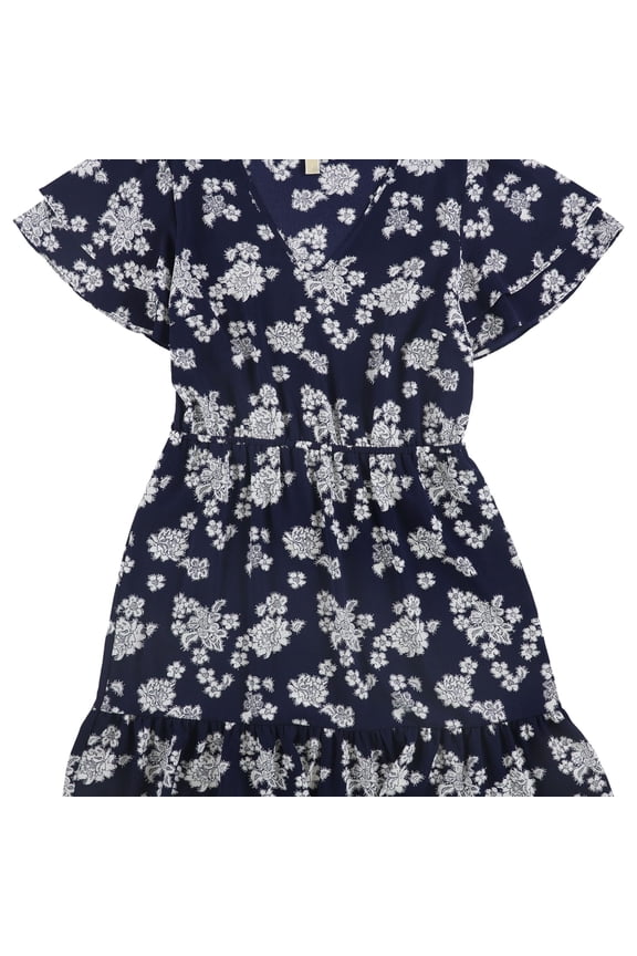 Womens Floral Fit & Flare Dress, Blue, Large