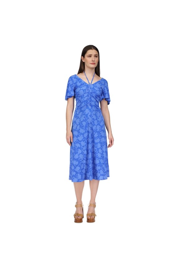 Womens Floral Ruched Midi Dress, Blue, X-Small