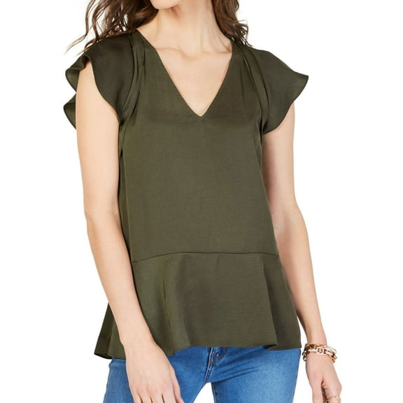 Michael Kors Womens Flutter-Sleeve Ruffled Blouse, Green, XX-Small