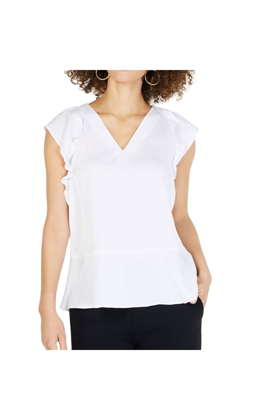Womens Flutter-Sleeve Ruffled Blouse, White, X-Large