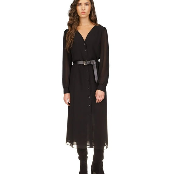 Michael Kors Womens Georgette Belted Shirt Dress, Black, Medium
