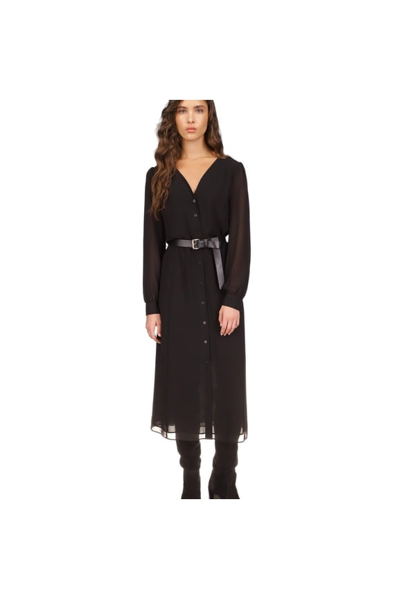Womens Georgette Belted Shirt Dress, Black, Medium