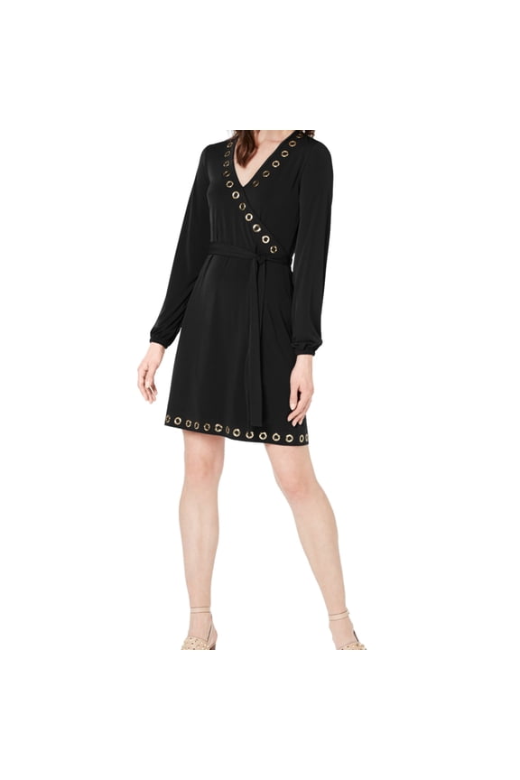 Womens Grommet Detail A-line Dress, Black, Petite, PS