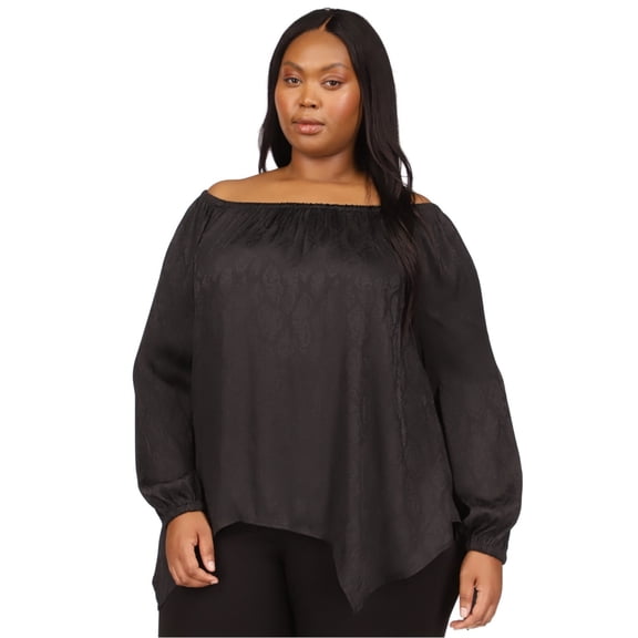 Michael Kors Womens Jacquard Handkerchief Off the Shoulder Blouse, Black, Plus Size, 2X