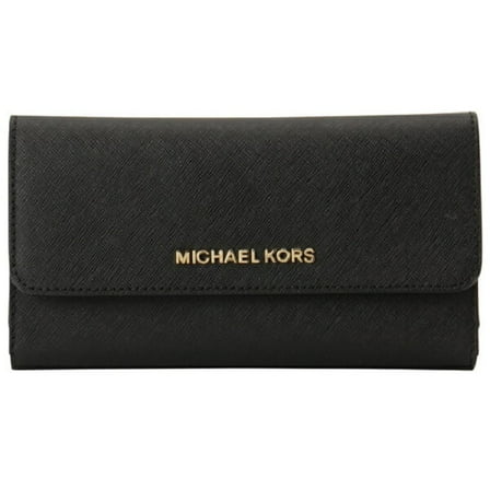 Michael Kors Womens Jet Set Travel Large Trifold Leather Wallet, Black