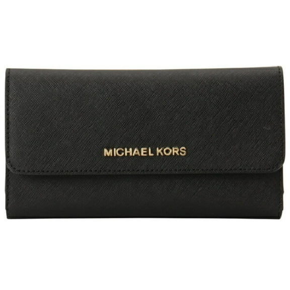Michael Kors Womens Jet Set Travel Large Trifold Leather Wallet, Black