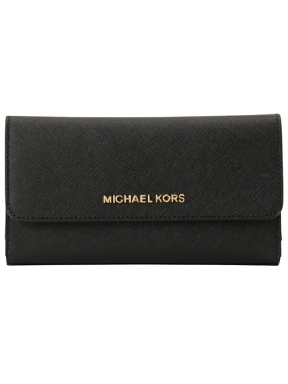 Womens Jet Set Travel Large Trifold Leather Wallet, Black